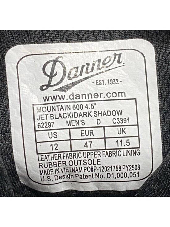 Danner Mens Size 12D Mountain 600 4.5 Inch Jet Black Dark Shadow Lace Up Boots main image 11